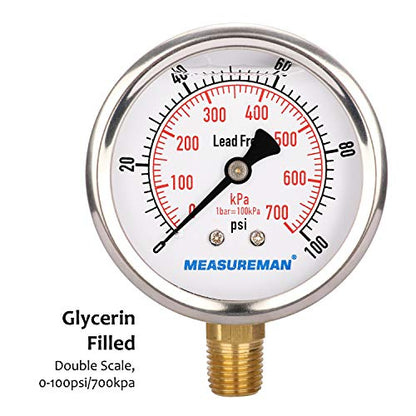 MEASUREMAN Lead-Free Pressure Gauge, 2-1/2inch Dial, Glycerin Filled, 0-100psi/kpa, Stainless Steel Case, 1/4inchNPT Lower Mount - size: 0-100 psi, style: Lower Mount(Lead-Free)