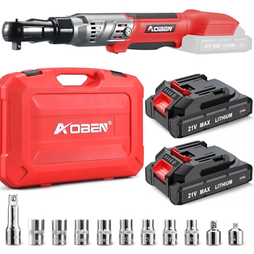 AOBEN 21V 3/8" Cordless Ratchet Wrench Kit-74 Ft-lbs Brushless Electric Power Ratchet with Variable Speed, 2X2000mAh Lithium-Ion Battery, Charger, 8 Sockets, 1/4" & 1/2" Adaptors, 3" Extension Bar - color: Dark Red