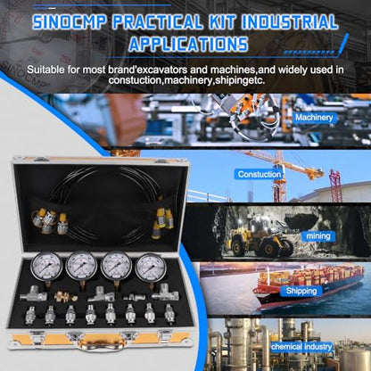 Hydraulic Pressure Gauge Test Kit, 4 Pressure Gauges, 4 Test Hoses, 10 Couplings, 3 Tee Connectors for Excavator Construction Machinery(Gold) - size: Gold 4 Gauges 10 Couplings 3 Tee Connectors