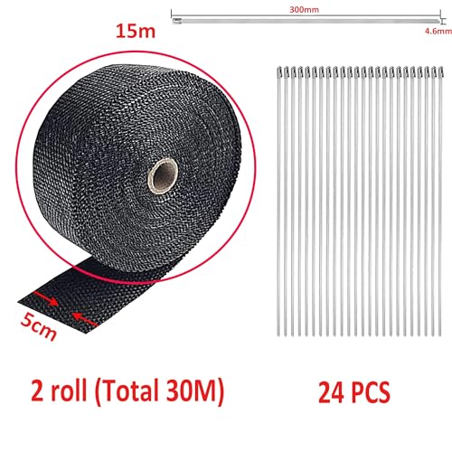 Deecam Exhaust Heat Wrap, 2 Roll 2'' x 50' Exhaust Header Wrap, Black Fireglass Heat Tape for Motorcycle Manifold Pipe Heat Shield with 24 Stainless Steel Ties - size: 30M