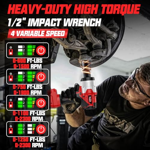 Cordless 1/2" Impact Wrench Compatibe with Milwaukee 18V Battery, 1250Ft-lbs(1700N.M) High Torque Impact Gun Heavy Duty, Brushless Electric Power Impact Driver with 4 Sockets&4 Speed Modes&LED Light - size: 1/2" 1700NM Compatibe with Milwaukee