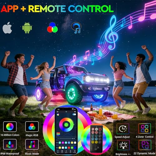 Surper Bright New 17in RGBW 4 Row Wheel Lights for Truck,APP RF 4-Zone Control,High Density 2592 LEDs RGB+White Wheel Ring Light,Brake & Courtesy Function,Music Sync Dynamic Car Rim Tire Lights