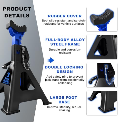3 Ton (6,600 LBs) Jack Stands with Double Pin Locking,Rubber Cover and Large Foot Base,11"-17" Adjustable Height,Heavy Duty Car Jack Stands,Lifting SUV,MPV,Pickup Truck,ATV/UTV,1 Pair,Blue - color: blue-standard, size: 3ton Load Capacity