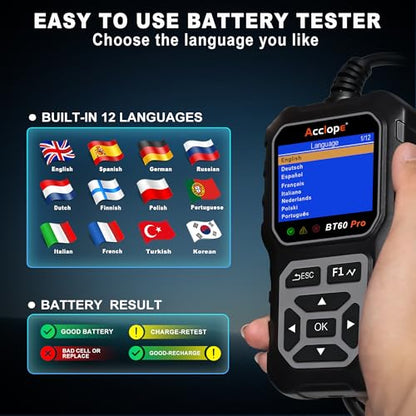 BT60 PRO 2-120AH Battery Tester 6V/12V/24V 100-3000 CCA QR Report - color: Black-Grey