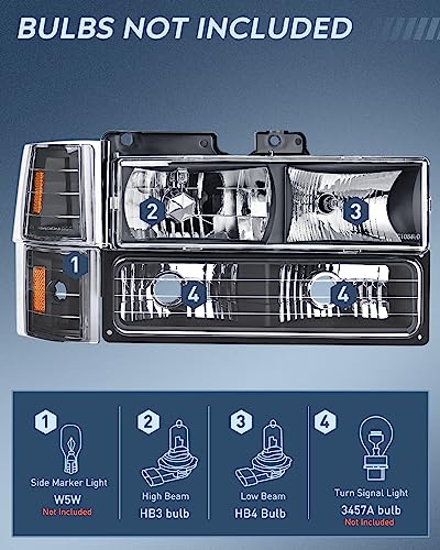 Nilight Headlight Assembly Compatible with 94-98 GMC Sierra Chevy Suburban - color: Black Housing+ Amber Reflector