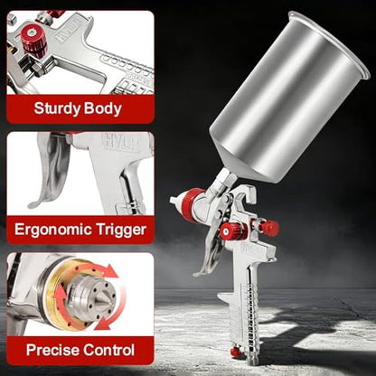 HVLP Spray Paint Gun Kits, Gravity Feed Automotive Paint Gun Kit with 5 Nozzles (1.4, 1.7, 2.0, 2.5, 3.0mm) and 1000cc Aluminum Cup. Suitable for Painting Cars - color: Silver Red