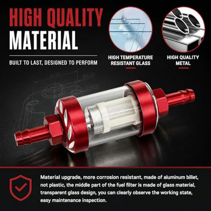 Car Fuel Filters, Tempered Glass Waterproof Fuel Filter Cup, Inline Alloy Rust-Proof and Durable Efficient Filter Oil Cup, Universal for Truck Motorcycle SUV Car (Red)