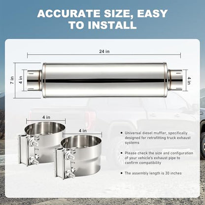 4 Inch Diesel Muffler Exhaust, 4" Inlet 4" Outlet Straight Through Resonator, 7" x 24" Body 30" OAL, Stainless Steel Muffler for Truck