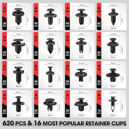 DNA Motoring 620pcs Car Push Retainer Clips, Plastic Bumper Clip Fender Clip, Fasteners Push Retainer Kit Bumper Fender Rivets Auto Push Pin Rivets Set for Ford, GM, Chrysler, Toyota, TOOLS-00729 - style: 620pcs