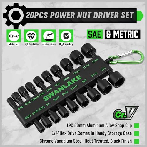 SWANLAKE 20PCS Power Nut Driver Set for Impact Drill, 1/4” Hex Head Drill Bit Set SAE and Metric - color: 20pcs Standard Version Black