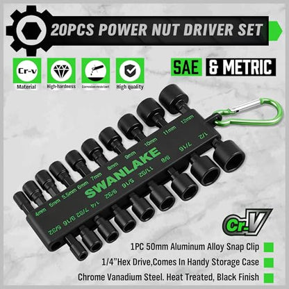 SWANLAKE 20PCS Power Nut Driver Set for Impact Drill, 1/4” Hex Head Drill Bit Set SAE and Metric - color: 20pcs Standard Version Black