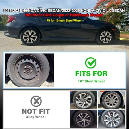 Hubcaps Wheel Covers for 2016-2026 Honda Civic Sedan 16inch - color: Silver & Glossy Black