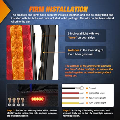Nilight 6" Oval Trailer Tail Light 2 PCS Red Amber w/Mounting Brackets - color: Red/Amber Tail Lights+Brackets 2Pcs