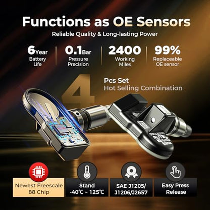 Autel TPMS Sensor MX-Sensor 2 in 1 (Press-in), Programmable TPMS Tire Pressure Sensor 315MHz+433MHz, 100% Clone-able, Same as OE-sensors (Metal Valve Set of 4)