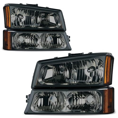 AUTOSAVER88 Headlight Assembly Compatible with 2003-2006 Chevy Silverado - color: Smoky Lens Chrome Housing Amber Reflector