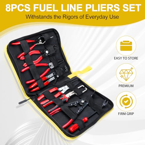 Professional Fuel Line Pliers Set, Hose Clamp Pliers, Electrical Disconnect, Connector Release, Push Pin Retainer Clip, Relay Puller for Auto Fuel, Oil, Coolant Radiator Hoses with Bag