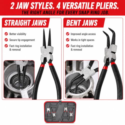 7” Snap Ring Pliers Set 4PC, Internal/External Circlip Pliers with Straight+Bent Jaws, Heavy Duty C Clamp Pliers & C Clip Removal Tool for Automotive Tools Professional Mechanics