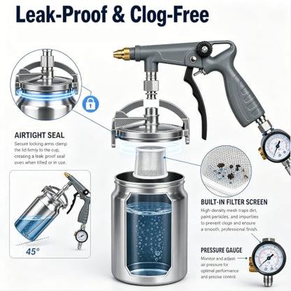 Undercoating Spray Gun with Suction Feed Cup,Rubberized Coating Sprayer with 360° Flexible Wand & Air Pressure Regulator for Truck Bed Liner Coating,Rust Proofing,Rubberized Undercoat(Gray)