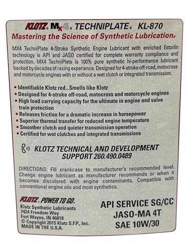 Klotz MX-4 TechniPlate, Hi-Performance Synthetic Motor Oil Lubricant for 4-Stroke Off-Road Racing Motorcycle & ATV Engines (10W-30) - size: 10W-30