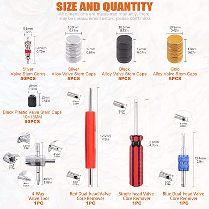119Pc Valve Core Remover Tools with Aluminum Tire Stem Caps, Dual and 4-Way Valve Tool Kit for Automotive, Truck, Motorcycle, Bicycle