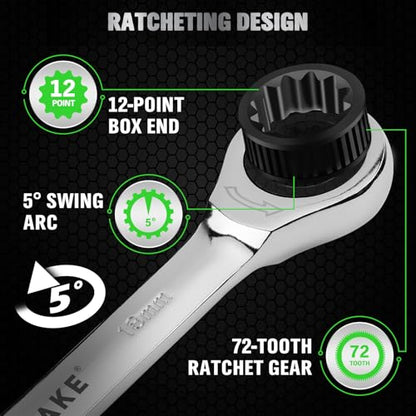 12-Piece Ratchet Wrench Set, Metric 6-18mm Ratchet Combination Wrenches Set, 12-Point 72-Tooth Ratcheting Spanners with Magnetic Base Organizer, Chrome Vanadium Steel for Automotive Mechanic Tool - style: Ratchet Metric