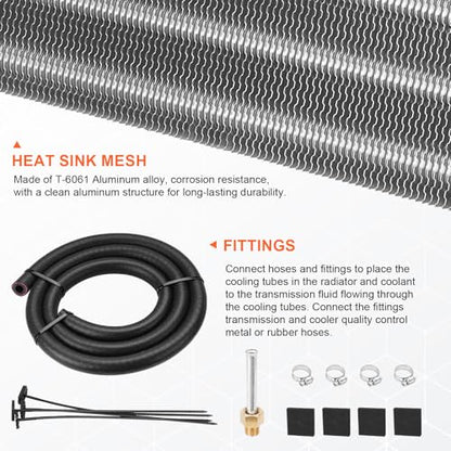 8 Pass Aluminium Transmission Oil Cooler, 5/16" Universal 8 Rows Tube and Fin Cooler Kit engine with Hose Mounting, Silver - color: silver