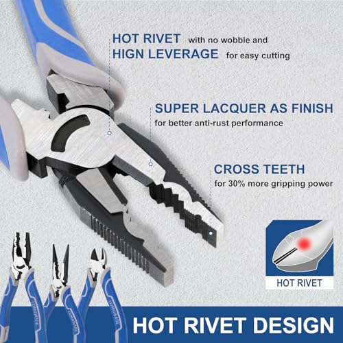 COMOWARE 8Pcs Pliers Set, 12", 10", 8" Groove Joint Pliers, 8" Adjustable Wrench, 8" Linesman, 6" Long Needle Nose, 6" Slip Joint, 6" Diagonal, Roll-Up Pouch Organizer, Rust-proof Black Oxide Coating - style: 8 Pcs