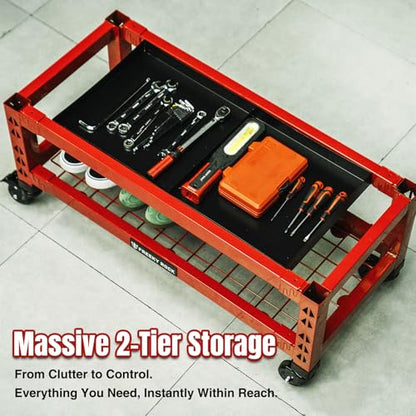 3-in-1 Rolling Garage Bench Seat with Creeper Pad,Storage (Red)