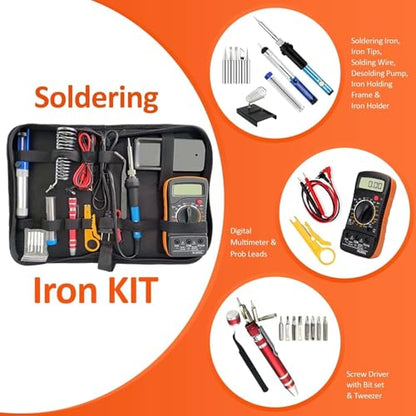 Soldering Iron Kit with Digital Multimeter,60W 110V Adjustable Temperature,5 Tips, Desoldering Pump, Wire Stripper,Carry Case-Electric Soldering Set for Electronics Repair,PCB,Arduino,DIY