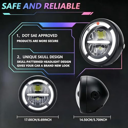 6.69 Inch Motorcycle LED Headlight with Mounting Brackets Assembly, 6.69 inch universal Round Headlamp with High/Low Beam Turn Signal DRL for Cafe Racer E-bike Bobber Chopper