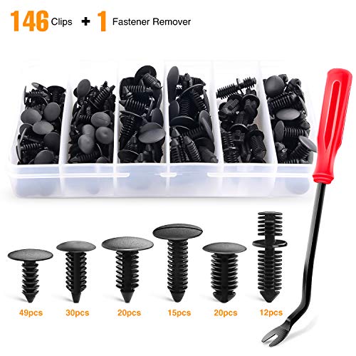 GOOACC 146PCS Nylon Bumper Shield Retainer & Double End Xmas Tree Retainers Clips Universal Auto Body Shield Retainer Fastener Clip Assortment- Bonus Fastener Remover - size: 146Pcs Clips + Remover