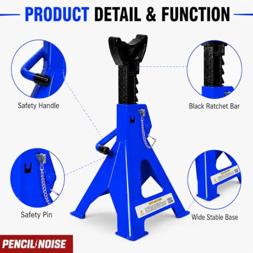Jack Stands, 3 Ton Capacity with Double Pins Locking and Adjustable Height, Secure Locking Mechanism Stand for Lifting SUVs, Pickups, Cars, and UTVs/ATVs, Blue, 1 Pair - color: Blue