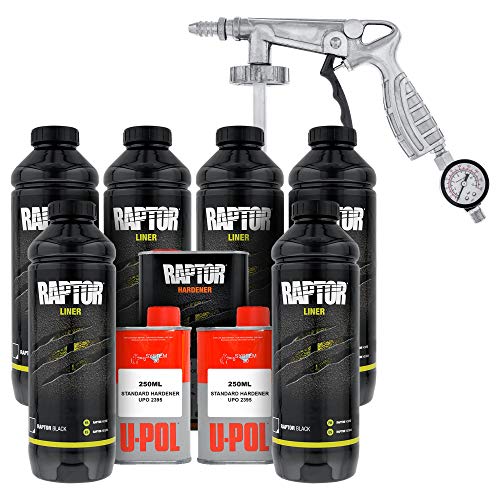 CUSTOM SHOP U-Pol Raptor Black Urethane Spray-On Truck Bed Liner 6 Quart Kit and Custom Coat Spray Gun with Regulator - color: Black, size: 6 Quart Kit