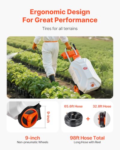VEVOR Battery-Powered Sprayer with Wheeled Cart, 10 Gallons Electric Weed Sprayer, Adjustable 0-80 PSI, Yard Lawn Sprayers with Wheels, 5 Nozzles & 98ft Hose, 3-6H Spray Time, for Weeding, Cleaning - size: 10 Gal