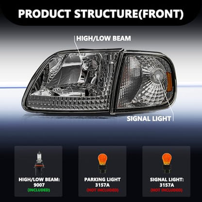 Aosky Halogen Headlights Assembly for 1997-03 Ford F150 Expedition - color: Smoke / Amber, style: w/ Bulbs