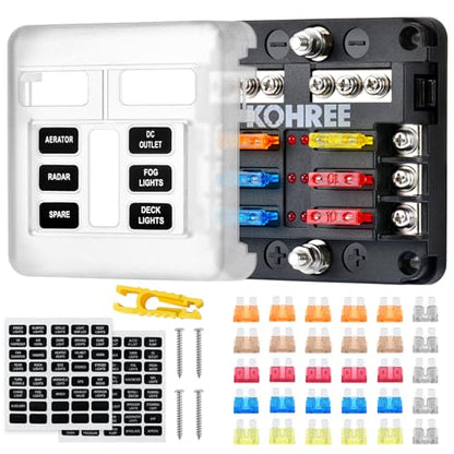Kohree 6 Way 12V Fuse Block 12V, 12 Volt Marine Fuse Block Waterproof - size: 6-Way