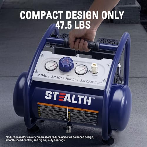 STEALTH Air Compressor 3 Gallon, Quiet Air Compressor, Oil-Free Air Tool, for Tire Inflator, Auto Repair, Woodwork Nailing (SAQ-1301) - style: SAQ-1301-FBA
