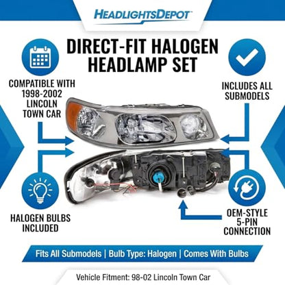 HEADLIGHTSDEPOT Chrome Housing Halogen Headlights Compatible With Lincoln Town Car 1998-2002 Includes Left Driver and Right Passenger Side Headlamps