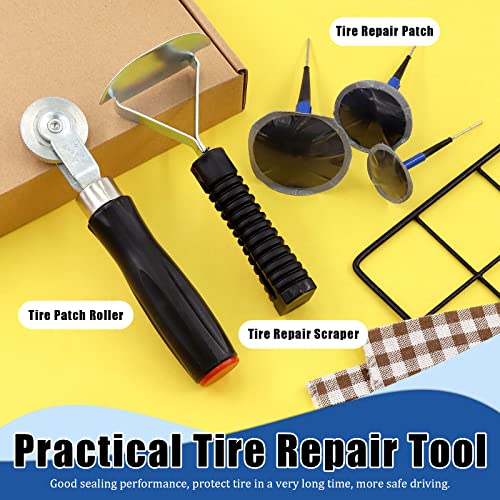 Glarks 26Pcs Tire Repair Patch Tool Kit Including 1Pc Tire Patch Roller, 1Pc Tire Inner Liner Scraper and 24Pcs 4mm/6mm/9mm Tire Repair Patch Plug for Car, Motorcycle, Electric Vehicle Repairing