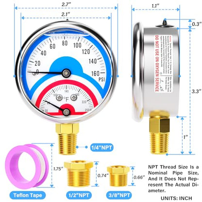 MEANLIN MEASURE 0-160Psi Stainless Steel Thermal Pressure Gauge 30-250℉ 1/4" NPT 2.5" FACE DIAL Liquid Filled Pressure Gauge, with 1/2" NPT and 3/8" NPT Hex Bushing, Lower Mount - size: Lower Mount, style: Liquid Filled