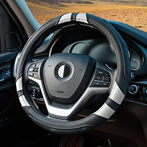 Achiou Steering Wheel Cover 15in Microfiber Leather Anti-Slip Universal - color: Black + White