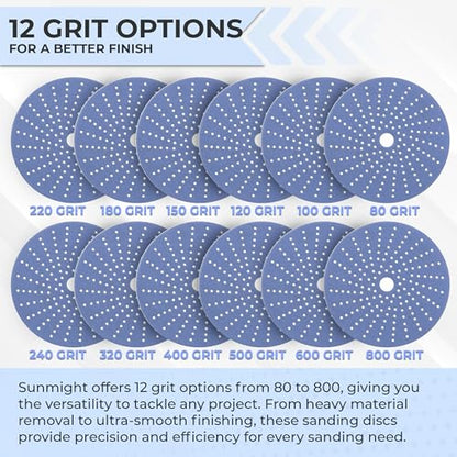 Sunmight Ceramic Film Multi-Hole Grip Discs – 100 Grit 6 Inch Sanding Discs Hook and Loop – High Dust Extraction, Fast Cutting & Durable – Polyester Film Backing for Automotive, Marine, Wood & Metal - size: 6 Inches