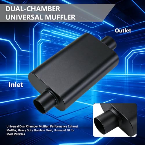 Universal 2.5 Inch Performance Muffler - 2.5" Offset In 2.5" Center Out - Black High Temperature Paint - 17.3" Overall Length, Performance Exhaust Muffler for Trucks, Cars, SUVs - size: 2.5 inch
