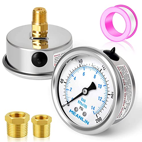 MEANLIN MEASURE 0~200Psi Stainless Steel 1/4" NPT 2.5" FACE DIAL Liquid Filled Pressure Gauge WOG Water Oil Air Center Back Mount, with 1/2" NPT and 3/8" NPT Hex Bushing - size: 0-200Psi
