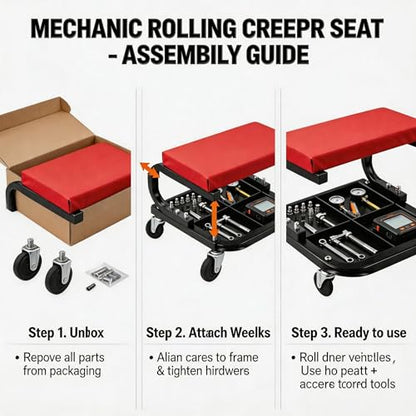 Rolling Creeper Garage/Shop Seat,250 LBS Capacity Heavy Duty Rolling Mechanic Stool with Wheels,Automotive Padded Creeper Seat with Tool Tray Storage for Garage, Shop, Auto Repair