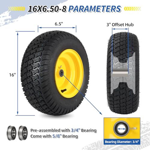 GICOOL 16x6.50-8 Tubeless Tire and Wheel, 16x6.5-8 Lawn Mower Tires, 3"-4.5" Offset Hub, 3/4" or 5/8" Bearing, Universal Fit Riding Mower and Garden Tractor Front Wheel, 4 Ply, S-Turf Pattern, 2 Pack - size: 16x6.50-8 Tubeless