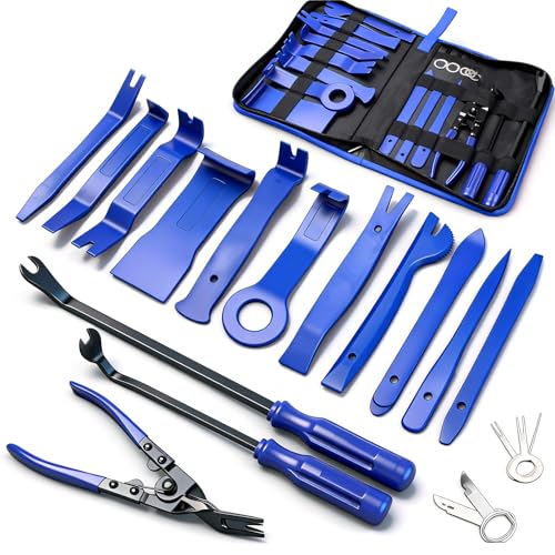 Poraxy 19Pcs Trim Removal Tool, Car Panel Dashboard Door Audio Trim Removal Tool Kit, Auto Clip Pliers Fastener Remover Set, Plastic Pry Tool, Automotive Upholstery Removal Kit - color: Blue