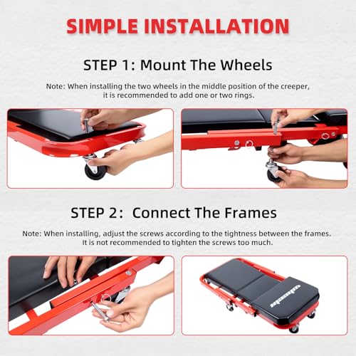 Mechanic Creeper 40inches 3-in-1 Z Seat 480lbs Capacity, Foldable Garage Chair Adjustable Rolling Folding with 6pcs Wheels Roller, Lay Down Sit Lean Back, Under Car Shop Auto Repair Man Gift - color: Red