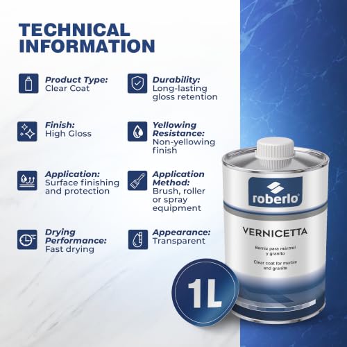 Roberlo Vernicetta Clear Coat - High Gloss Finish for Automotive & Stone Surfaces, Varnish for Polishing Marble & Granite Edges, Automotive Clear Coat Gloss, 1 Liter