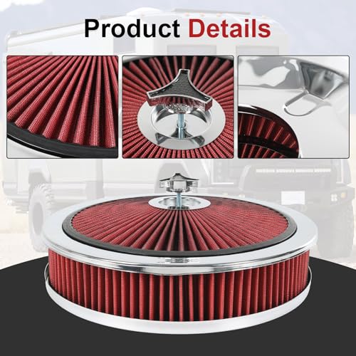 High Flow 14"x3" Round Air Cleaner filter Kit for Carburetor Red Chrome - color: Red Chrome